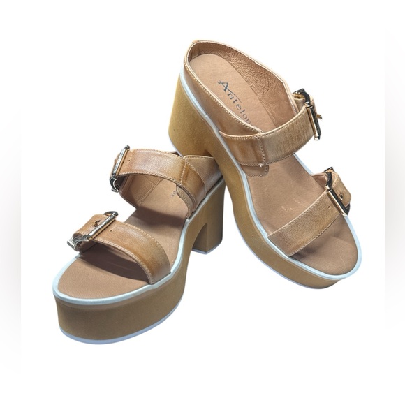 Antelope Tan Leather Double Buckle Platform Sandals Size 7 - Picture 2 of 11